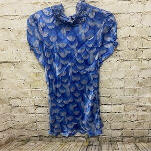 Wills Lifestyle Blue Geometric Print 100% Silk Smocked Blouse Top
